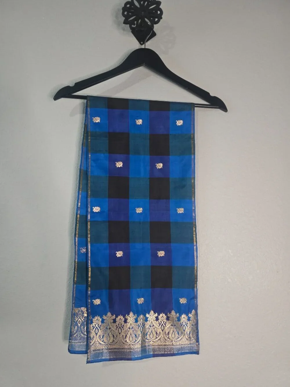 Vintage Gump's San Francisco Blue Silk Gold Thread Indian Wrap Scarf